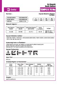 GeKa Tempo B 70 Mo Düşük Alaşımlı Bazik Kaynak Elektrotu E9018-D1  H4