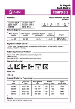 GeKa Tempo B 2 Düşük Alaşımlı Bazik Kaynak Elektrotu E8018-C1