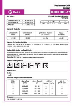 GeKa ELOX R 308 L-17 Paslanmaz Çelik Kaynak Elektrotu E 308L-17