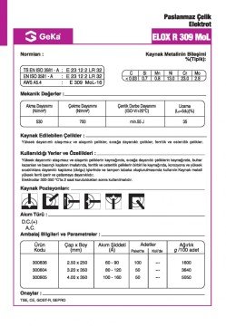 GeKa ELOX R 309 MoL Paslanmaz Çelik Kaynak Elektrotu E 309 MoL-16