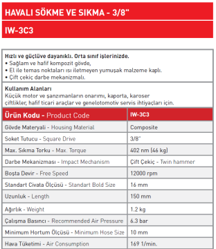 Havalı Sökme ve Sıkma - 3/8'' IW - 3C3