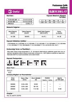 GeKa ELOX R 316 L-17 Paslanmaz Çelik Kaynak Elektrotu E 316L-17