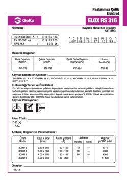 GeKa ELOX RS 316 Paslanmaz Çelik Kaynak Elektrotu E 316-26