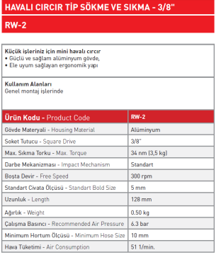 Havalı Cırcır Tip Sökme ve Sıkma - 3/8'' RW - 2