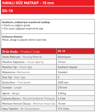 Havalı Düz Matkap 10 MM - DS - 10