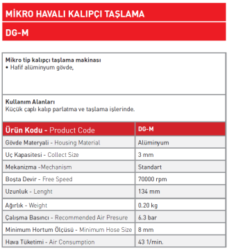 Mikro Havalı Kalıpçı Taşlama DG - M